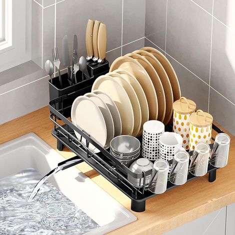Egouttoir Vaisselle sur Evier Égouttoir à Negro en Metal Dish Rack avec Plateau Drainer Porte Couverts et Tasse (Negro, Grand) Noir Grand'Noir Grand'Noir'Grand