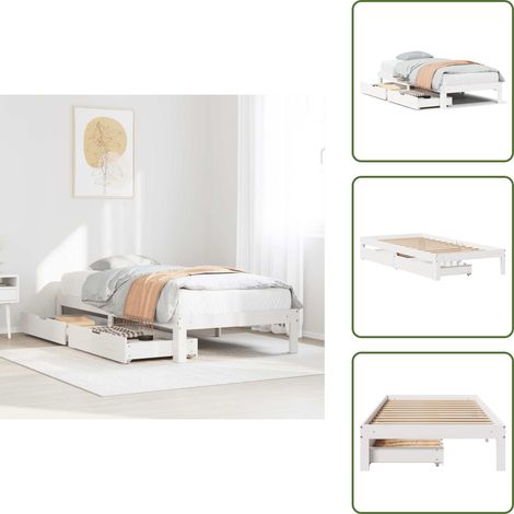 The Living Store Giroletto con Cassetti Bianco 75x190 cm Legno Massello di Pino - Letto con cassetti