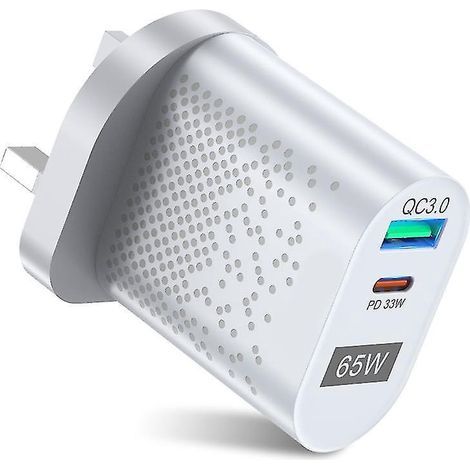 Gan 65W Powerbank mit Quick Charge 3.0, USB-C-Anschluss und PD-Unterstützung (QC 3.0) – Weiß (UK)