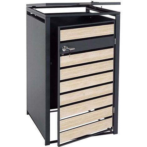 Refugio para cubo de basura con cerradura en metal antracita con aspecto de madera de haya marrón claro MDJ04177 (1/5)