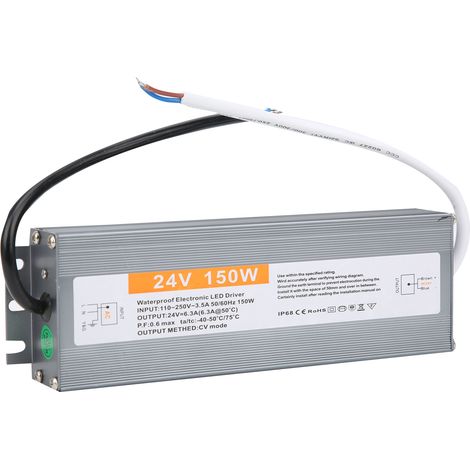 Alimentation LED 150W ultra-plate étanche, transformateur 24V DC, entrée AC170-250V 50/60Hz, driver imperméable pour bandeaux lumineux, usage intérieur/extérieur, faible profil. (1/5)