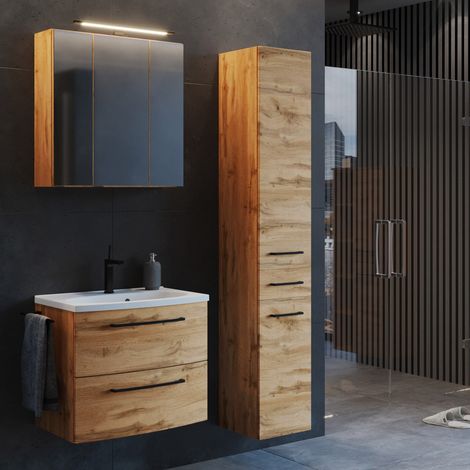 Badezimmer Set Industrial Style 60 cm Waschtisch und Hochschrank in Wotan Eiche Nb. inkl. Waschbecken und Spiegelschrank, B/H/T: ca. 120/200/45 cm (1/5)