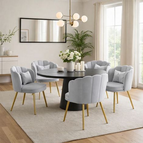 Lot de 6 chaises de salle à manger en velours gris, dossier pétale, coussin papillon, pieds métal doré réglables, style moderne (1/5)