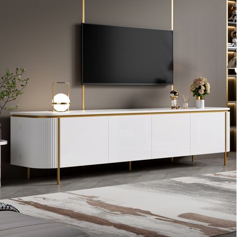 Meuble TV blanc en MDF à 6 portes, passe-câbles et pieds en fer 180 x 38 x 46 cm OKWISH (1/5)
