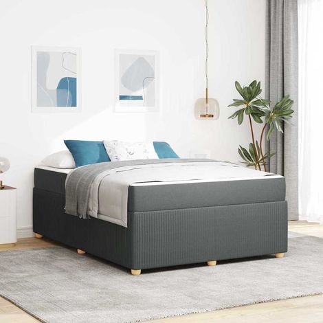 Cadre de lit double avec matelas 140 x 200 cm, tissu gris foncé, sommier à lattes - PANGIVO (1/5)
