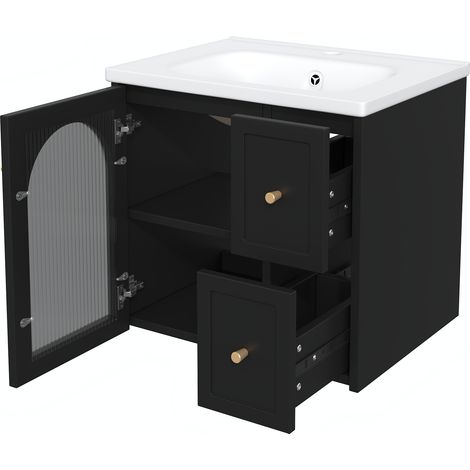 Meuble de salle de bain mural avec vasque en céramique, éclairage LED, porte vitrée rainurée et poignées métalliques, meuble sous-vasque avec fermeture douce, noir/blanc