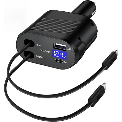 4-in-1-Autoladegerät mit einziehbarem 12-V-USB-C-Kabel und Typ-C-Ladekabel für iPhone 17, 16, 15, Samsung Galaxy S25, S24, Ultra S23, A15, A16, A17, A36, A55, A56, 5G