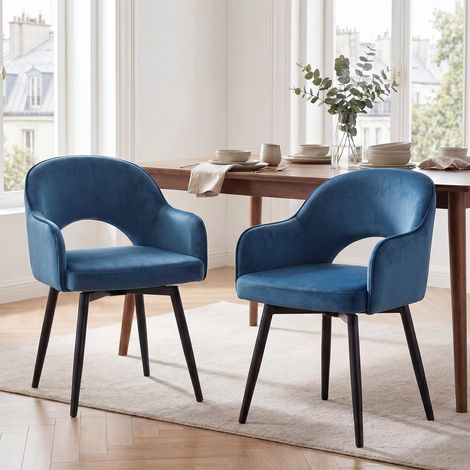 Wahson Set of 2 Velvet Swivel Dining Chairs, Modern Kitchen Corner Chairs with Hollow Backrest for Living Room and Restaurant, Blue