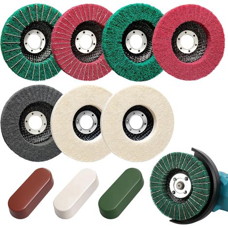 10-teiliges 115-mm-Schleifscheiben- und Polierscheiben-Set – 5 Nylonfaser-Lamellenscheiben, 2 Wollpolierscheiben und 3 Polierpasten für Winkelschleifer, Scheuerscheibe für Metall (22-mm-Aufnahme) (1/5)