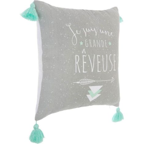 Coussin Déco "4 Pompons" 40x40cm Gris (1/4)