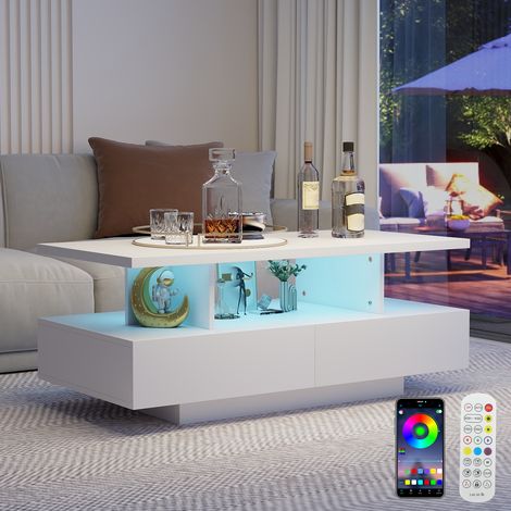 Puluomis – Table basse fixe 105x50 cm – Bois et métal noir – LED RGB avec télécommande – Mode musique – Rangement tiroir – Salon (1/5)