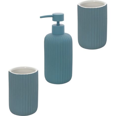 Set accessori bagno in ceramica blu con dispenser sapone e due portaspazzolini Spring (1/5)
