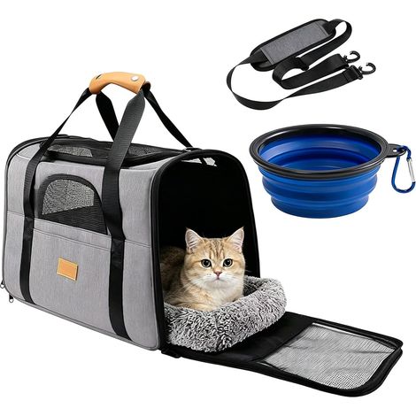 Sac de transport pour chat et chien - Pliable respirant - Avec matelas et bol - Max 7 kg - Homologué avion (1/5)