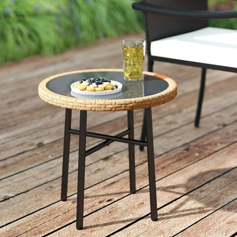 Table Basse Ronde de Jardin, Table d'Appoint Exterieur en Résine Tressée et Plateau en Verre Trempé, 46x46x43cm, Naturel (1/5)