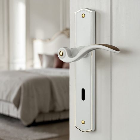 Ouvre&Déco – 2 poignées de porte EVITA entrée de clé,laiton blanc et poli entraxe 195 mm (1/5)