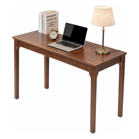 Scrivania in legno massello con cassetti, scrivania regolabile in altezza con bordi arrotondati, ideale per piccoli studi e camere da letto, in stile moderno di metà secolo, noce (1/5)