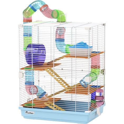 5-stöckiger Hamsterkäfig mit Tunneln, Laufrad, Leitern, Häuschen und Wasserflasche, Metall, PP und PS, 46 x 30 x 58 cm