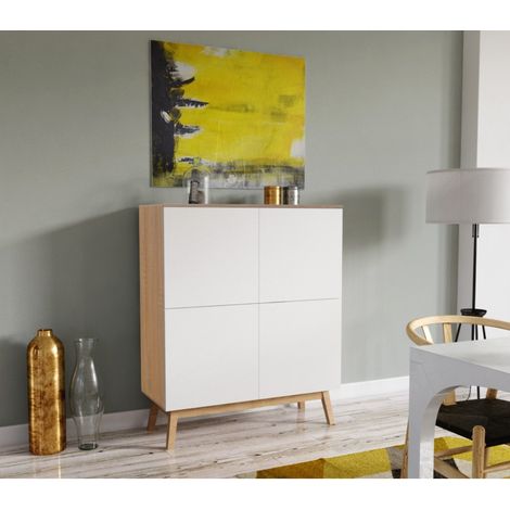Le Quai Des Affaires – Buffet 4 portes en panneau de particules blanc et chêne blanchi – Dimensions 100x42x120 cm – Système push-pull sans poignée (1/4)