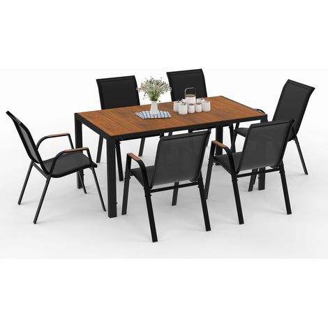 Set di mobili da giardino NOUMEA - Tavolo da 150 cm con piano in vetro temperato effetto legno e 6 sedie impilabili in legno e n