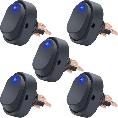 ASW-20D-BU LED-beleuchteter Wippschalter, 12 V, 30 A, SPST, 3-polig, Ein-Aus, blau, runder Punktschalter für Auto, Boot, Marine, 5 Stück (1/5)