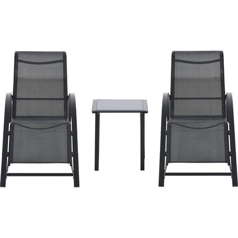 Ensemble de 2 chaises longues et table avec étagère, en tissu respirant et métal, 59 x 169 x 66 cm, noir
