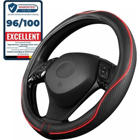 Couvre volant - Universel 37-38 cm - Simili-cuir matelassé - Noir/rouge - Revêtement caoutchouc antidérapant (1/4)