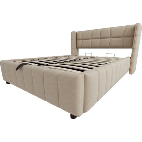 Letto contenitore capitonné beige 140 x 200 cm con testiera e rete metallica HOMVRA (1/5)
