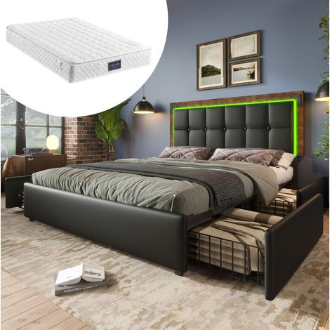 Cama tapizada de PU negro 160x200 cm con LED, 4 cajones, cabecero ajustable y colchón incluido (1/5)