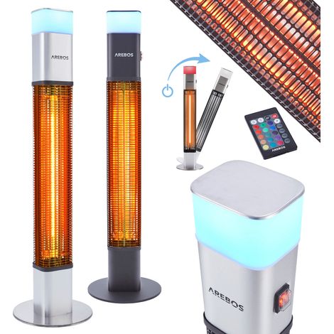 AREBOS Calefactor por Infrarrojos para Terraza 1500W - 16 Colores De Luz LED - Calentador Radiante para Exterior - Calentador Stand - Plata