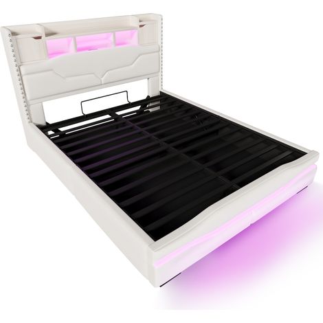 Lit coffre capitonné 160 x 200 cm beige avec LED, USB et prise, rangement hydraulique (1/5)