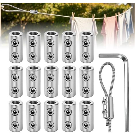 Stahlkabelklemmen – 15er-Pack – Verstellbar, Edelstahl – Kabelspannung für 1,5–2 mm Kabel – Für Wäscheleinen und den Außenbereich – Silber, 14,8 x 8 mm (1/5)