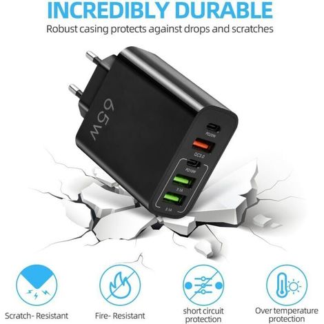 Chargeur USB C rapide 65W5 ports : 2 USBC PD20W, 2 USB, 1 QC 3.0Charge simultanée pour iPhone, MacBook, Galaxy (Noir)