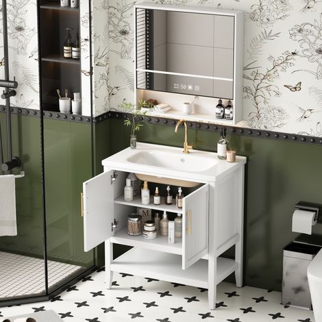 Meuble de salle de bain meuble sous vasque simple avec meuble bas 80 cm avec vasque en céramique, blanc (1/5)
