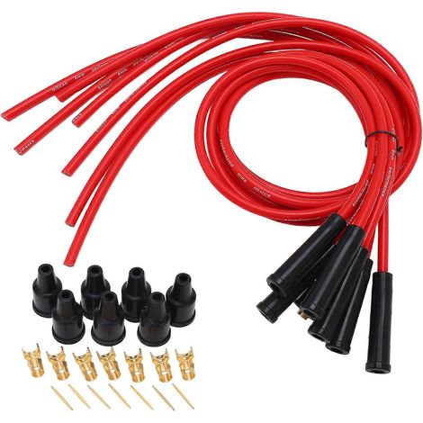 Kit de bougie et de câble d'allumage, rouge, diamètre 8 mm, longueur 1 m, compatible avec le remplacement du câble d'allumage pour les voitures 6 cylindres. (1/5)