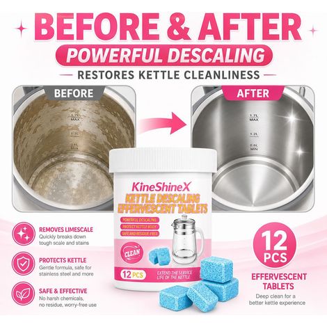 KineShineX Brausetabletten zur Entkalkung von Wasserkochern: Entkalkung, Reinigung, Fleckenentfernung, Geruchsbeseitigung, Haushaltsreinigungs- und Pflegetabletten (1/4)