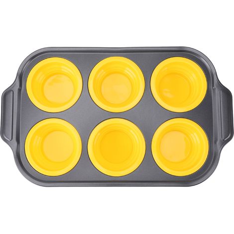 Vassoio pieghevole in silicone per la preparazione di torte, a pressione, facile da sformare, per 6 cupcake, per la cottura in casa, colore giallo. (1/5)