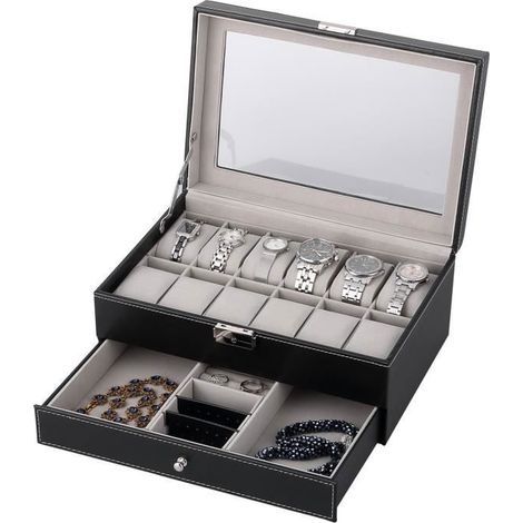 Boîte à montres 12 compartiments, présentoir bijoux en cuir PU, rangement double étage avec tiroir, idéal pour collectionneurs et cadeau élégant