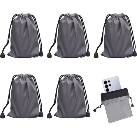Set di 5 sacchetti grigi impermeabili con coulisse, sacchetti portaoggetti con coulisse, pochette organizer portatili per piccoli oggetti, gioielli, fotocamera, power bank, 11x18 cm (1/5)