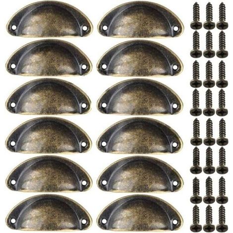SABIR 12pcs Poignes de Meuble Vintage Boutons de Tiroir Metal Coquille pour Placards Armoire Commode Cuisine Tiroirs Laiton Antique 8135mm (1/4)