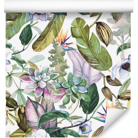 Papel pintado con estampado de hojas y flores tropicales para salón y dormitorio, 50x1000 cm. (1/5)