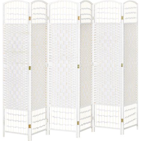 Paravento in legno 242 x 170 cm, divisorio pieghevole per ambienti, 6 pannelli, parete divisoria per camera da letto, casa, interni, bianco