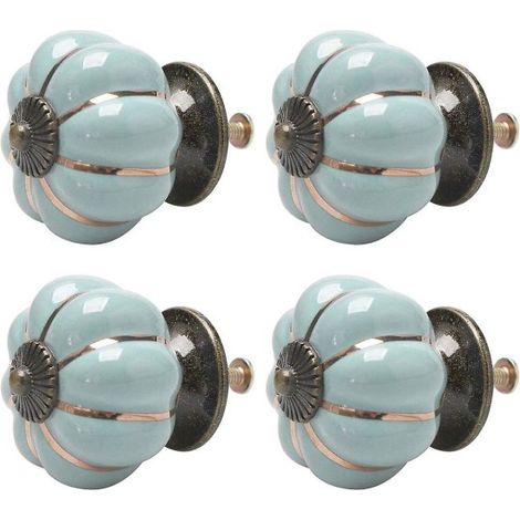 Poignée tirage céramique vintage bleue, bouton pomme en forme de citrouille, lot de 4 pour meuble et commode (1/4)