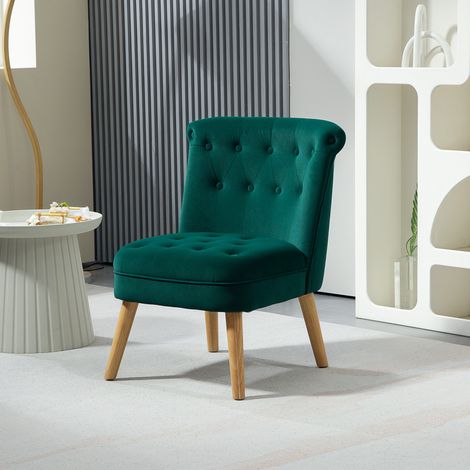 Sillón para salón y comedor con asiento acolchado, sillón para dormitorio con patas de madera y tapizado en tela efecto terciopelo, 60x66x79 cm, verde.