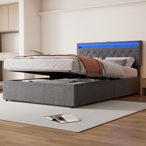 Lit plat 140 x 200 cm, matelas rembourré, éclairage d'ambiance, hauteur réglable, prises USB et USB-C, grand espace de rangement, gris (1/5)
