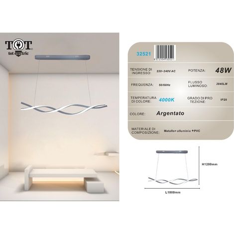 Lampadario a sospensione luce led 48W argento spirale vortice orizzontale per camera cucina soggiorno Naturale
