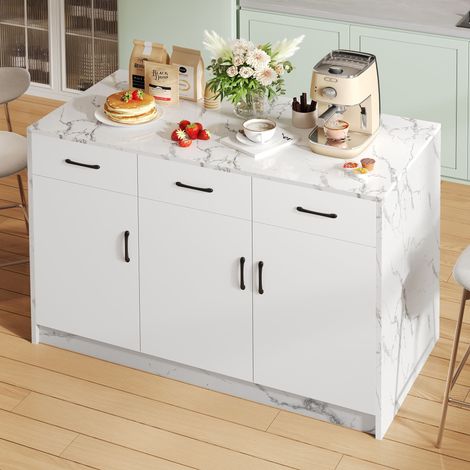 Îlot de cuisine fixe 120 cm effet marbre blanc avec 3 tiroirs et 3 portes, meuble bar avec étagères réglables, grande capacité de rangement en MDF (1/5)