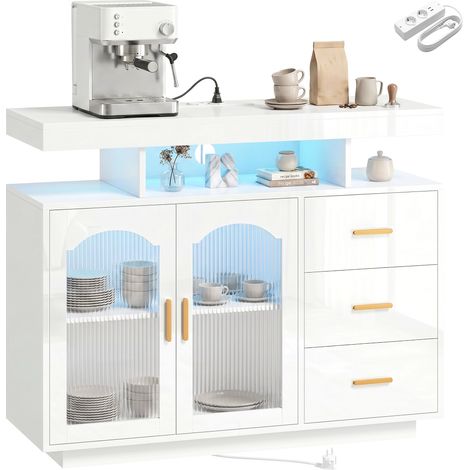 Credenza con illuminazione LED RGB a 7 colori – Porte USB – 3 cassetti – Ripiani a giorno – 2 ante – Bianco lucido – 100 x 35 x 80 cm