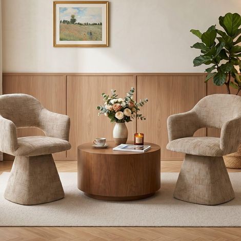 Wahson Set of 2 Retro Swivel Dining Chairs with Soft Chenille Upholstery, Wraparound Backrest and Stable Pedestal Base, Oatmeal