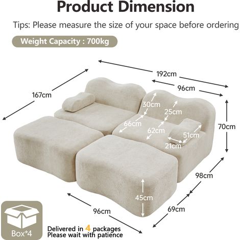 Canapé modulaire 2 places beige avec 2 ottomans,mousse 32D,coussins d’accoudoir mobiles,design antidérapant pour salon. (1/5)