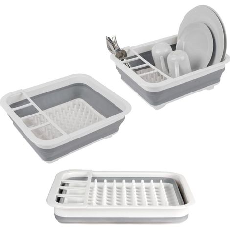 Égouttoir à vaisselle pliable avec porte-ustensile - parfait pour les propriétaires ou le camping, résistant à la déchirure, conception peu encombrante, pieds antidérapants, Gris (1/4)